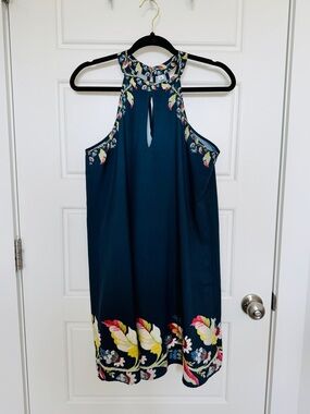 Sleeveless Floral-Trim Halter Dress - Teal